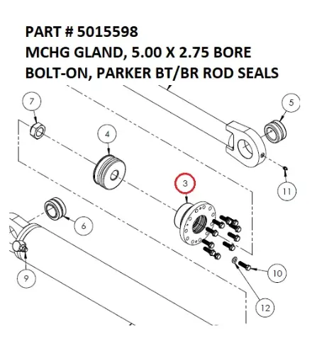 [1050 XR - 5015598] Serco 1050XR Machined Gland, 5" x 2.75" Bore Bolt-On, Parker BT/BR Rod Seals (Part 5015598)