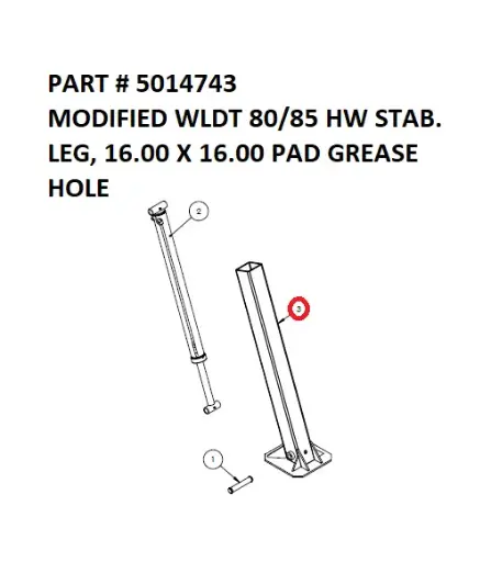 [8500 - 5014743] Serco Modified 80/85 Heavy-Duty Stabilizer Leg Weldment, 16" x 16" Pad with Grease Hole (Part 5014743)